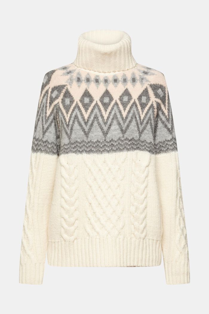 Jacquard knit roll neck jumper with wool, OFF WHITE, detail image number 2