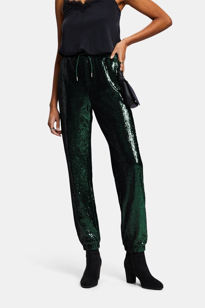 Sequined Satin Pants, EMERALD GREEN, detail image number 0