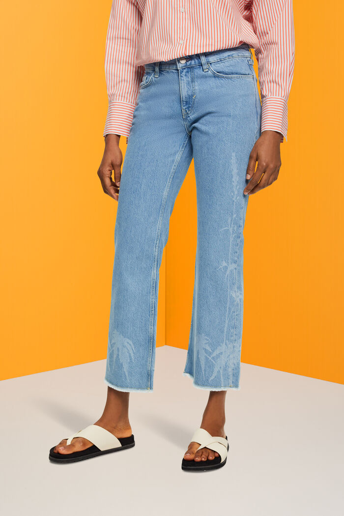 Patterned cropped jeans, 100% cotton, BLUE LIGHT WASHED, detail image number 0