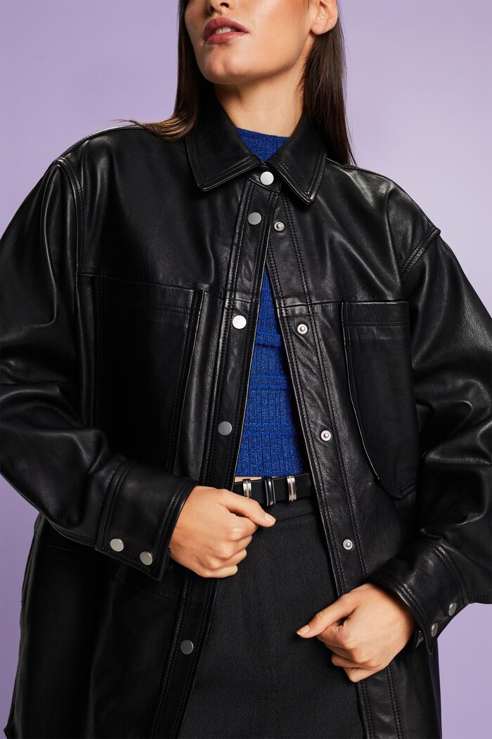 Oversized Leather Overshirt, BLACK, detail image number 2