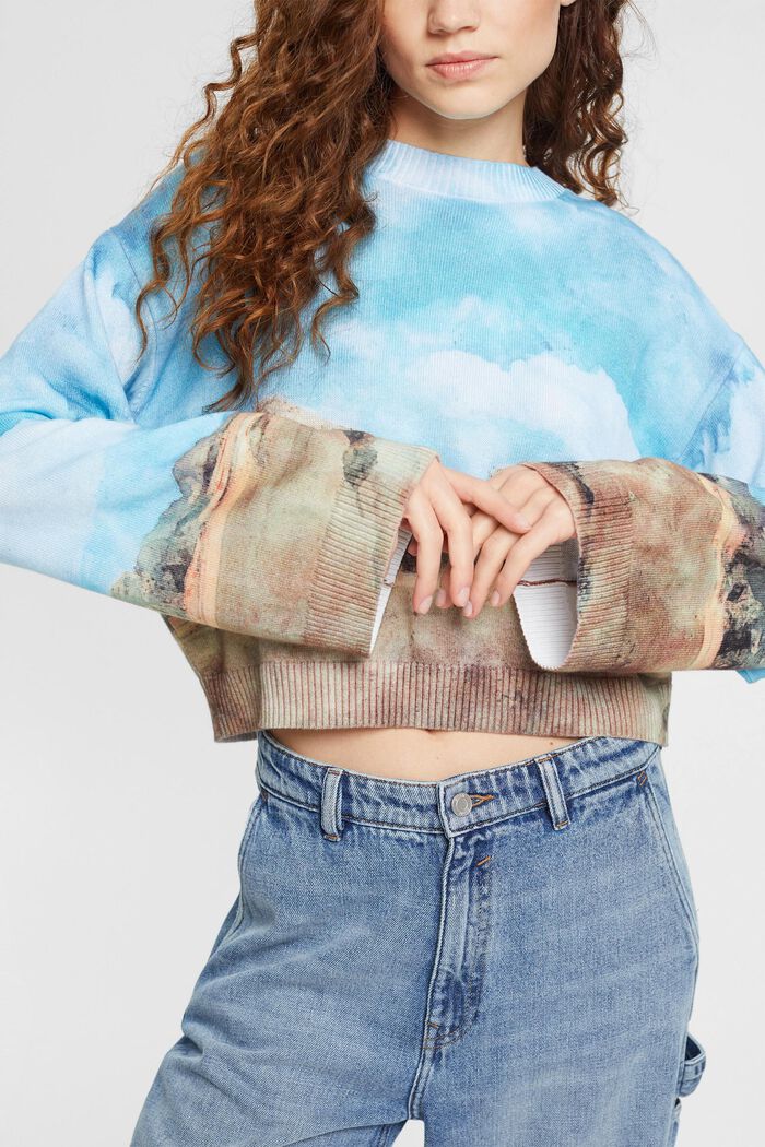 All-over landscape digital print cropped sweater, TURQUOISE, detail image number 0