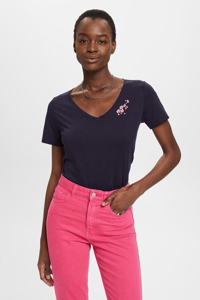 V-neck t-shirt with floral embroidery, NAVY, detail image number 0