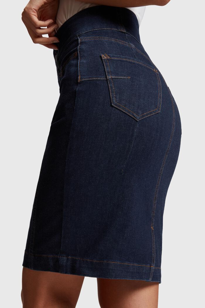 BODY CONTOUR 4-Way Stretch Denim Pencil Skirt, BLUE DARK WASHED, detail image number 0