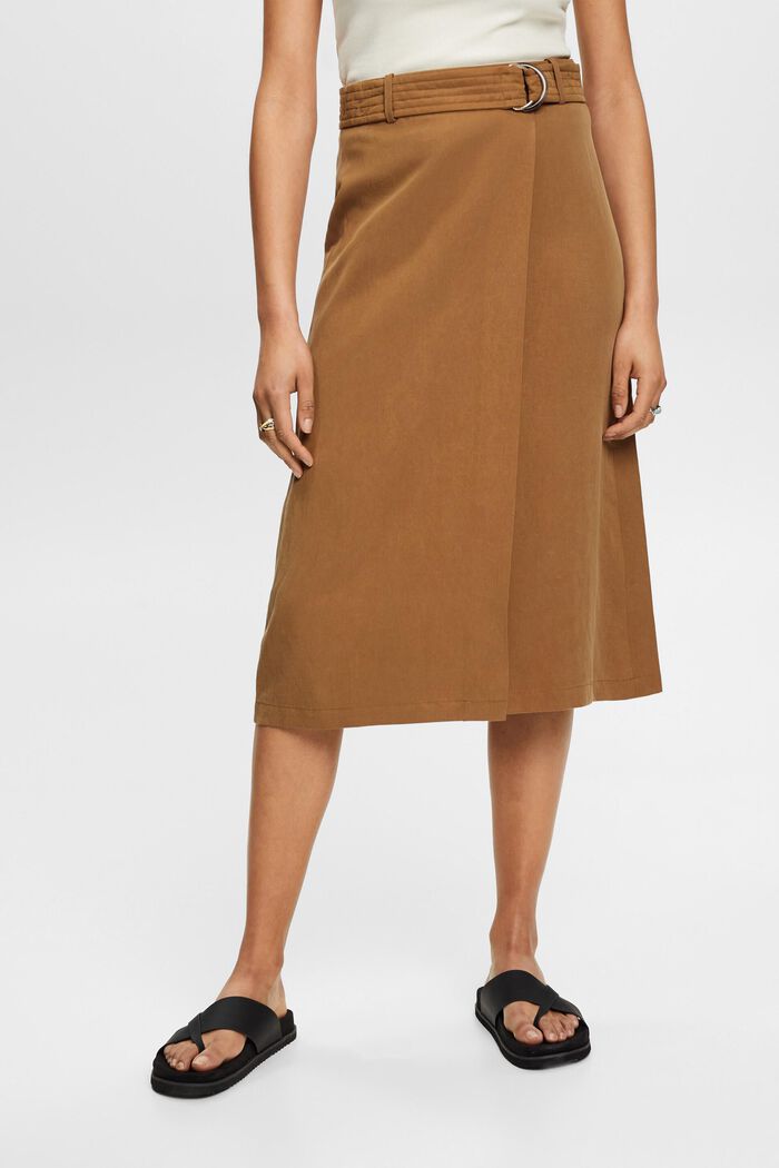 Linen blend midi skirt with belt, PALE KHAKI, detail image number 0