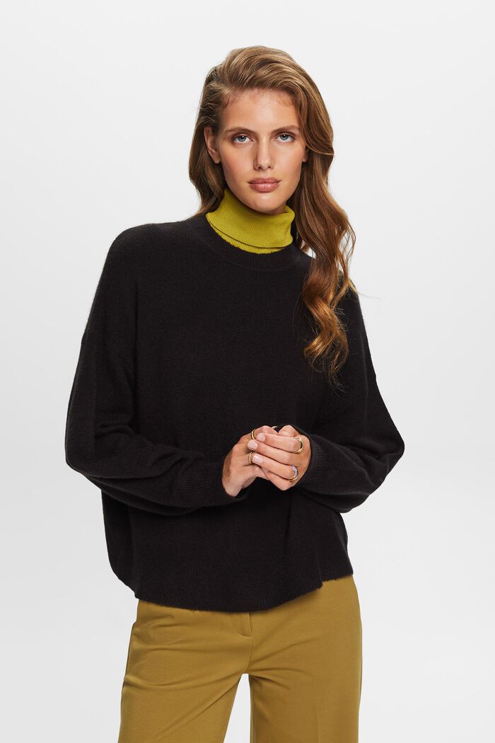 Knit Blouson Sleeve Sweater, BLACK, detail image number 0