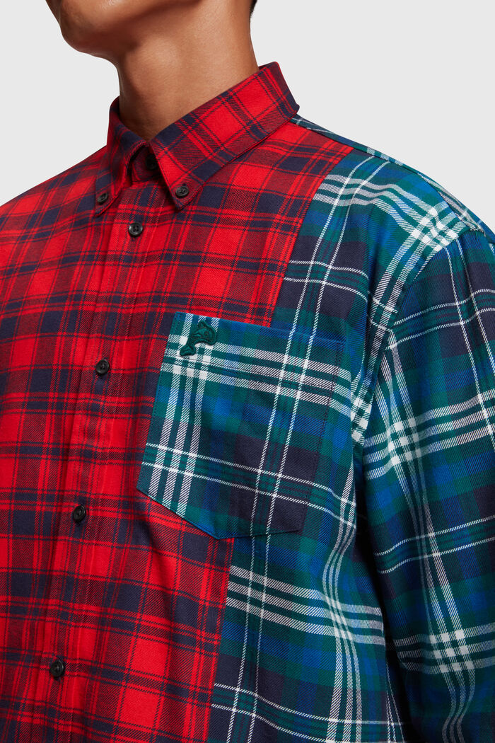 Mixed check patchwork flannel shirt, RED, detail image number 2