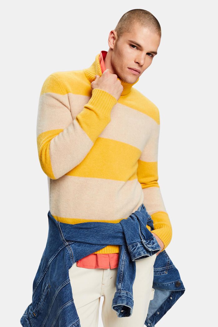 Cashmere Striped Turtleneck Sweater, YELLOW, detail image number 0