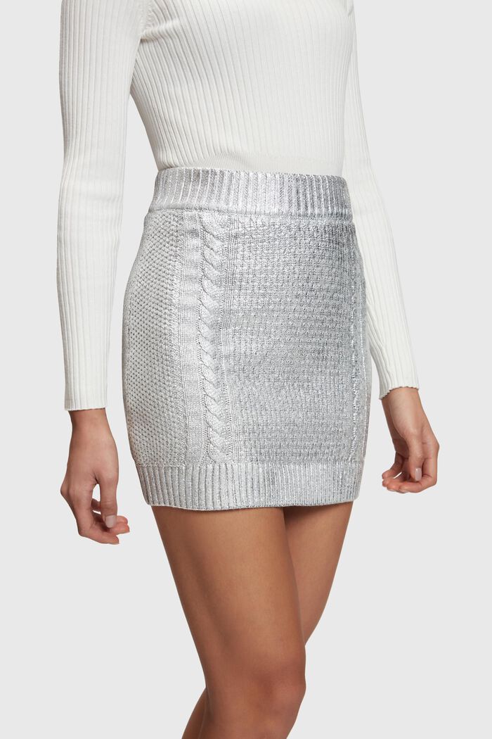 Metallic cable knit mini skirt, SILVER, detail image number 2