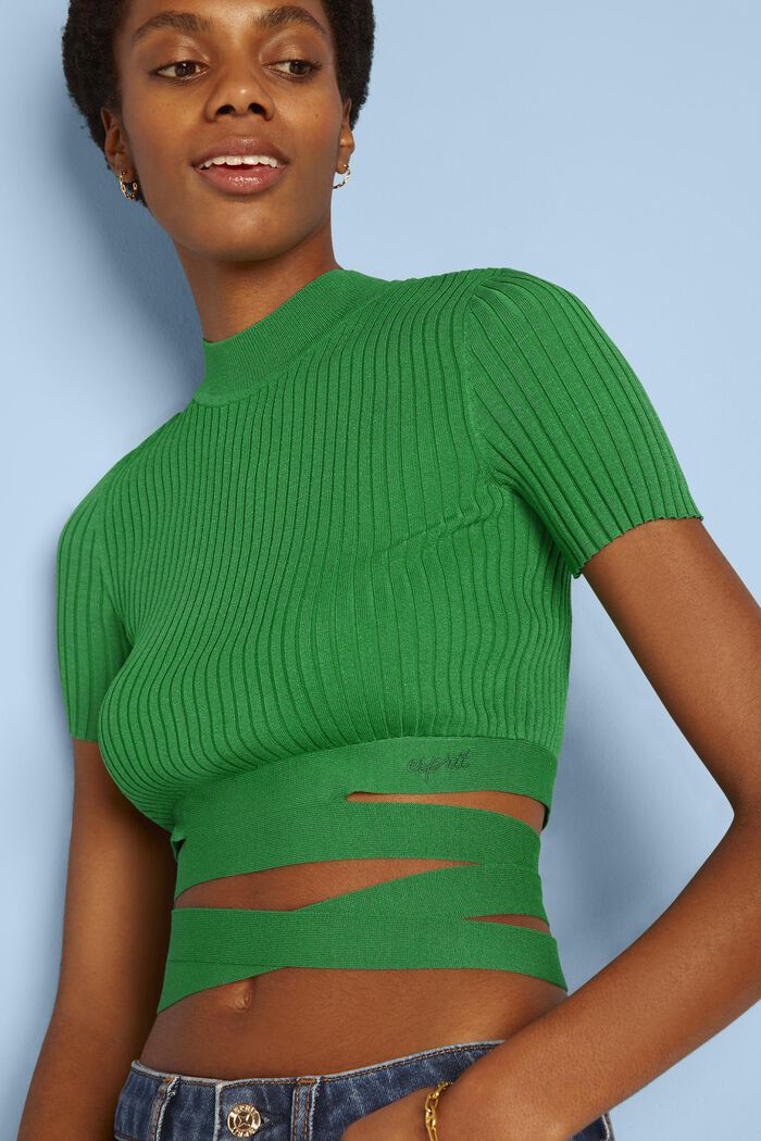 Tie Detail Ribbed Knit Cropped Top, GREEN, detail image number 2