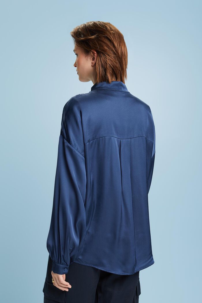 Button Front Satin Blouse, GREY BLUE, detail image number 4