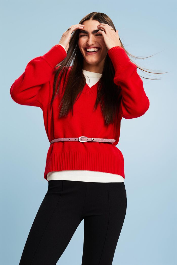 Cashmere V-Neck Sweater, RED, detail image number 0