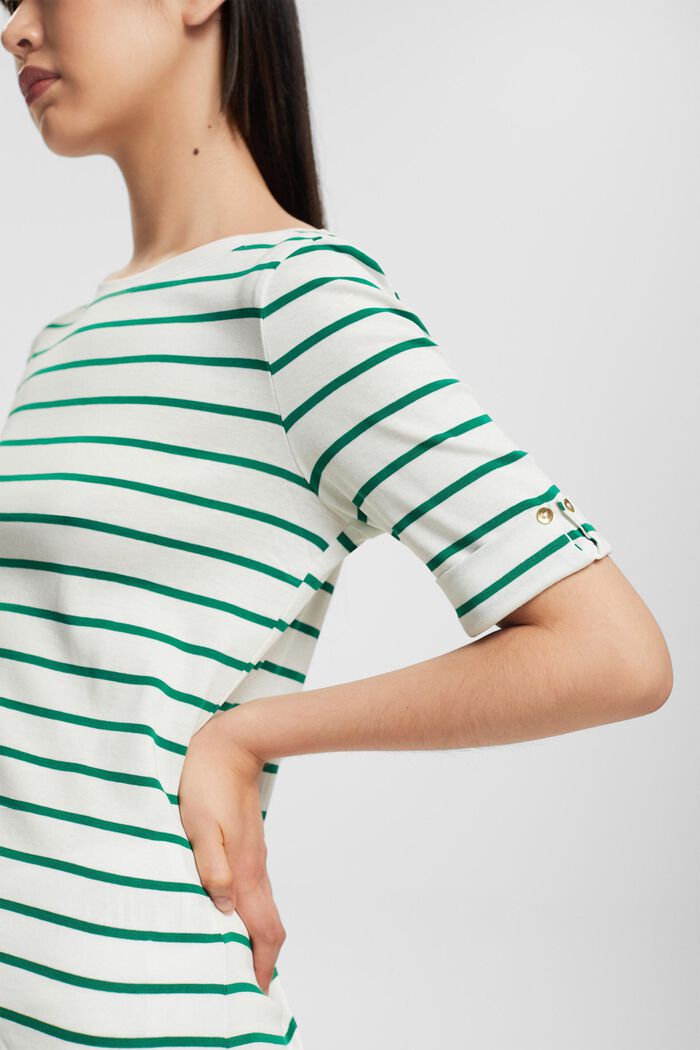 Striped Round Neck Cotton Top, EMERALD GREEN, detail image number 0