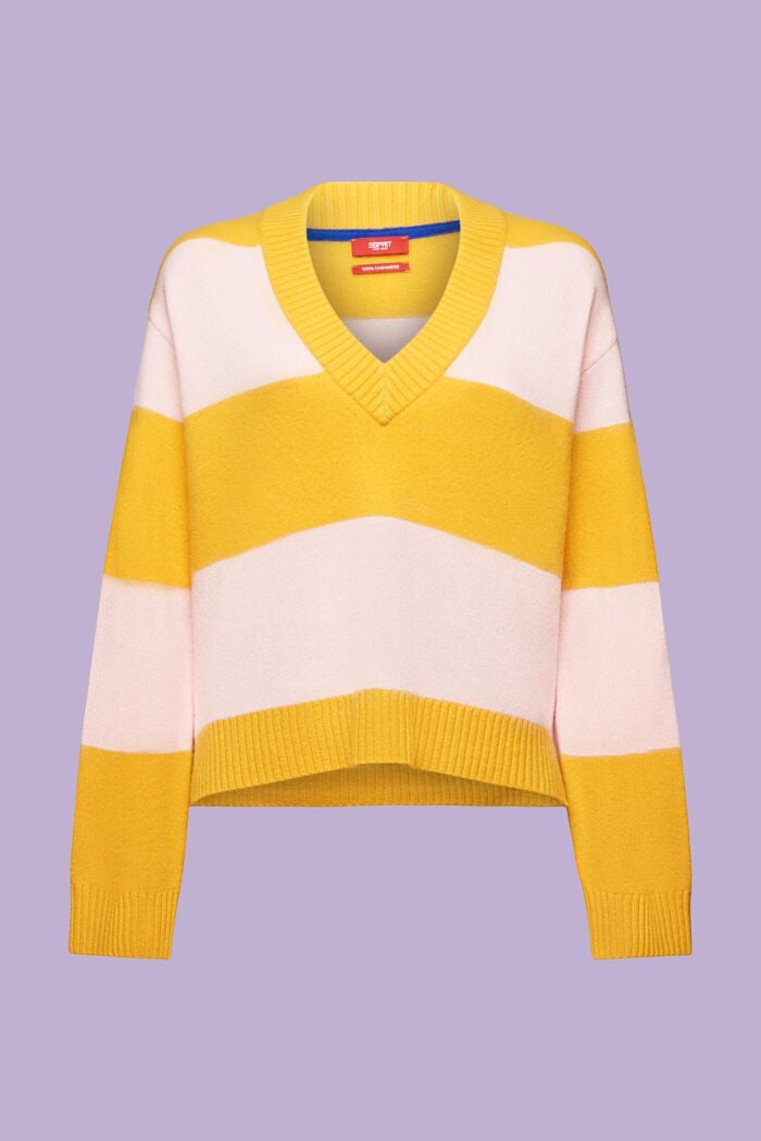 Cashmere V-Neck Rugby Stripe Sweater, YELLOW, detail image number 7