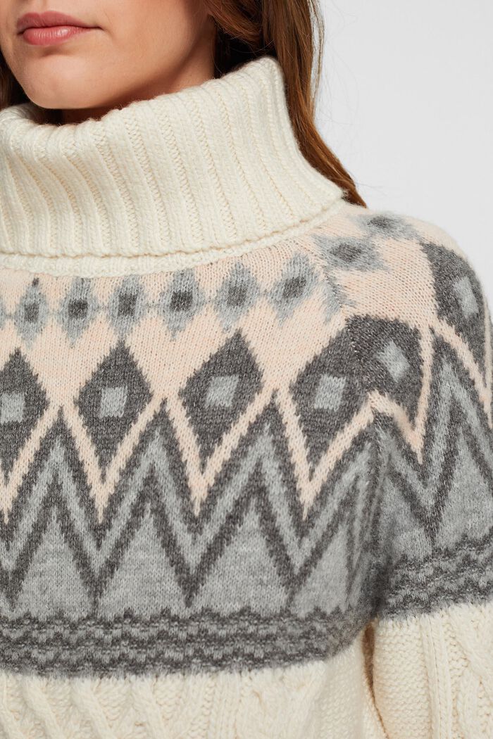 Jacquard knit roll neck jumper with wool, OFF WHITE, detail image number 0