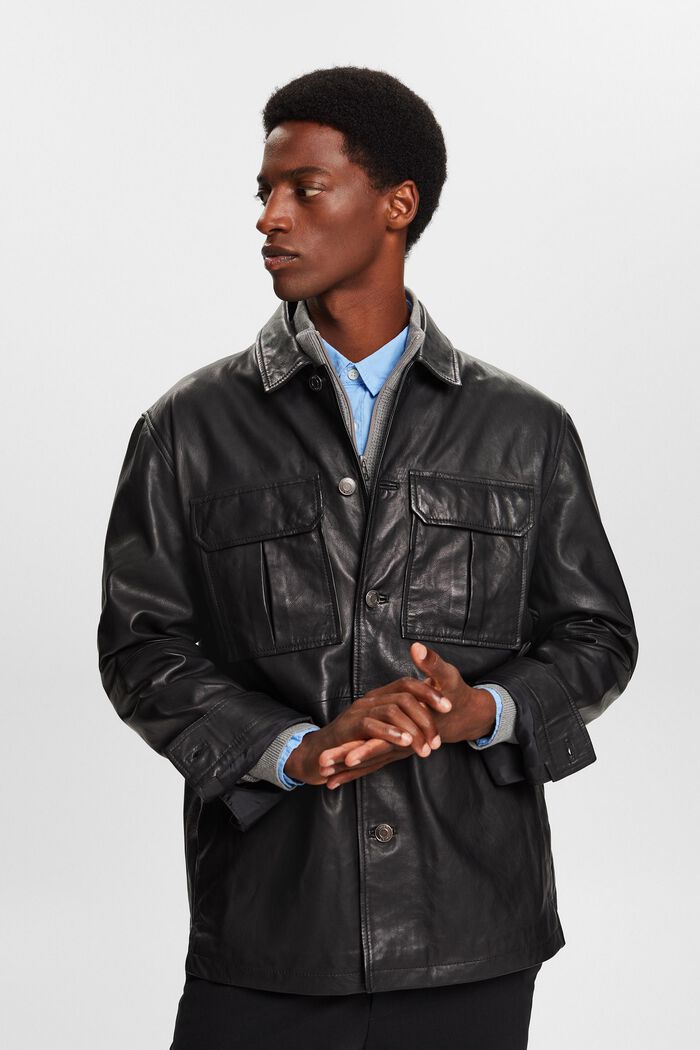 Leather Shirt Jacket, BLACK, detail image number 1