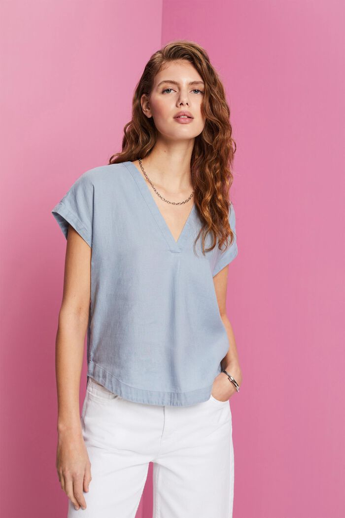 Short sleeve linen blouse, LIGHT BLUE LAVENDER, detail image number 0