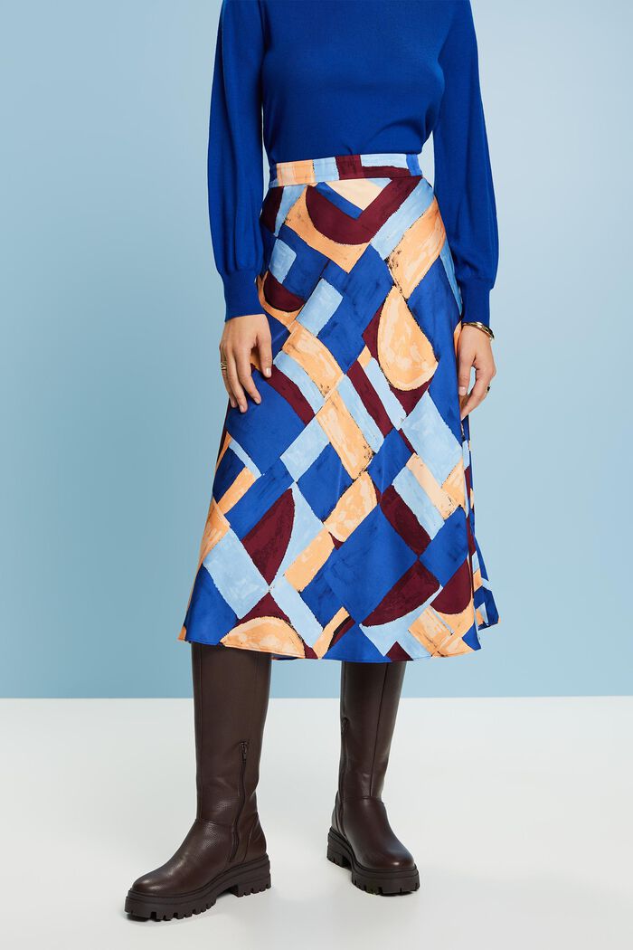 Patterned Satin Midi Skirt, BLUE, detail image number 1