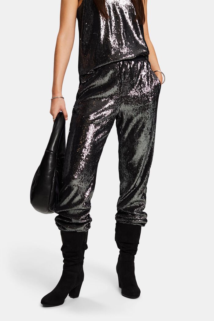 Sequined Satin Pants, SILVER, detail image number 0