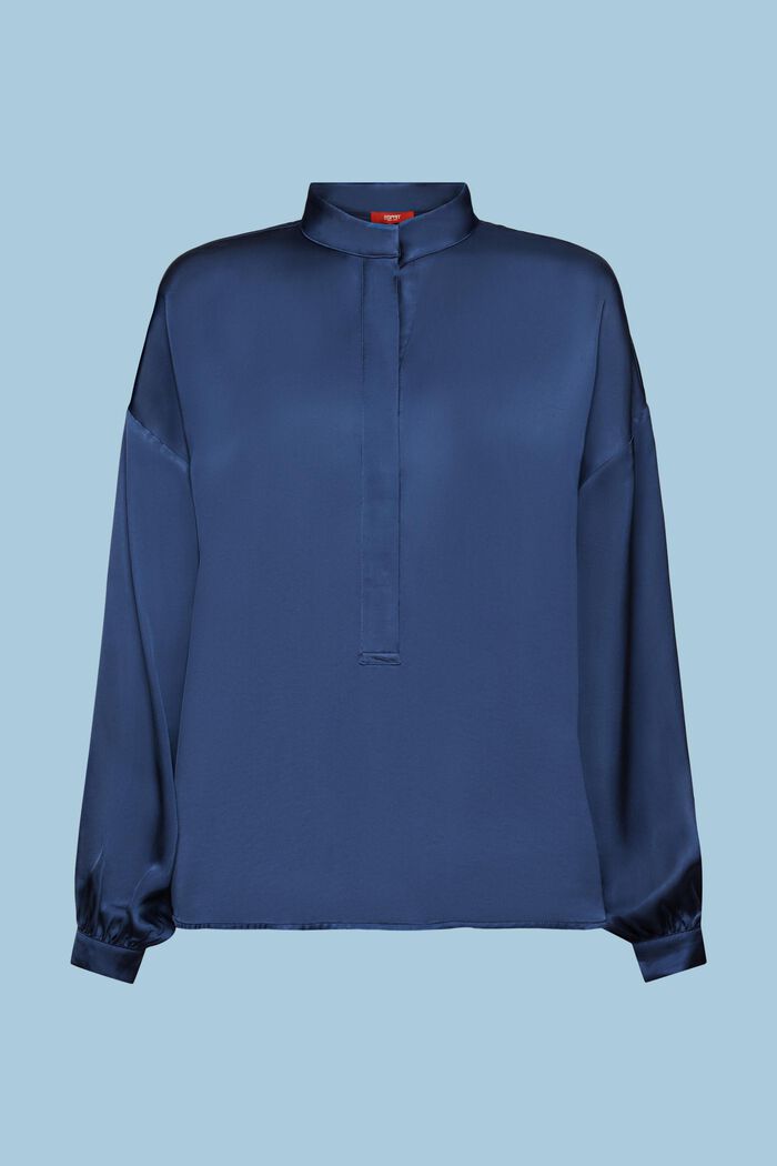 Button Front Satin Blouse, GREY BLUE, detail image number 6