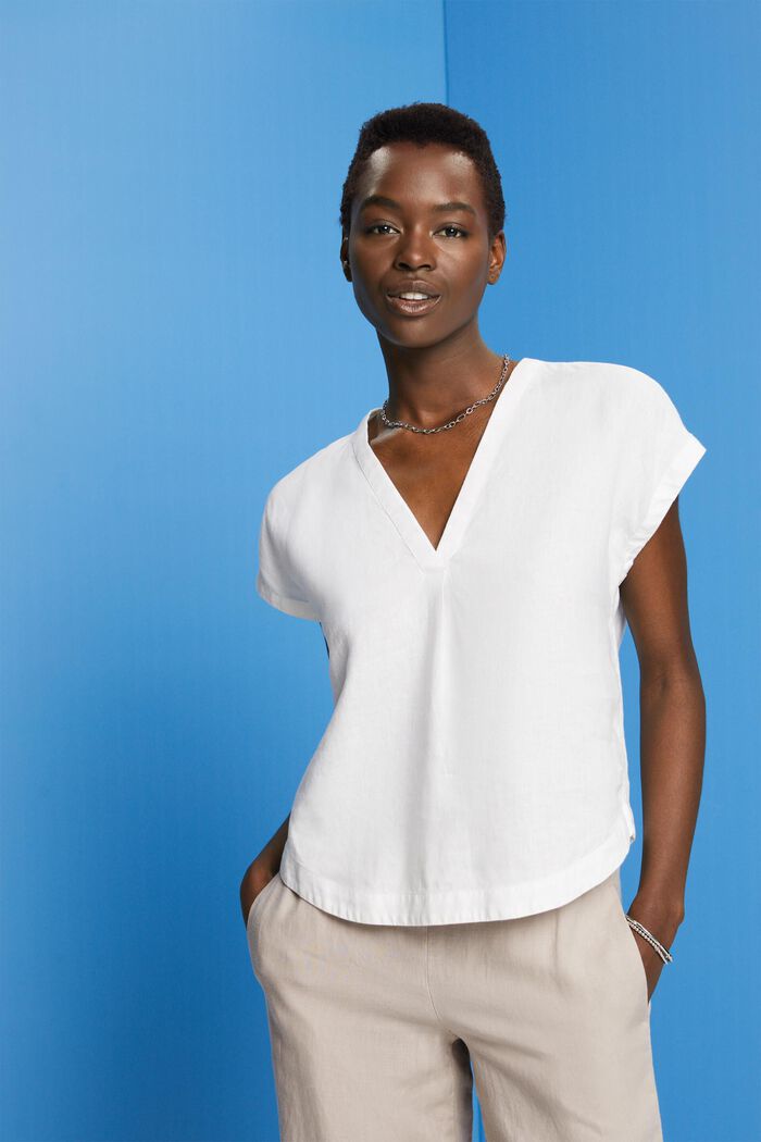 Short sleeve linen blouse, WHITE, detail image number 0