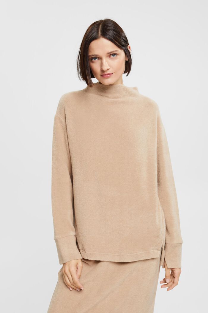 Furry sweatshirt with stand-up collar, LIGHT TAUPE, detail image number 0
